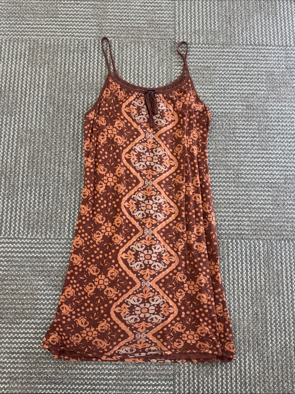 Lucky Brand Y2K Brown & Orange Bandana Print Cotton & Modal Mini Dress, size M